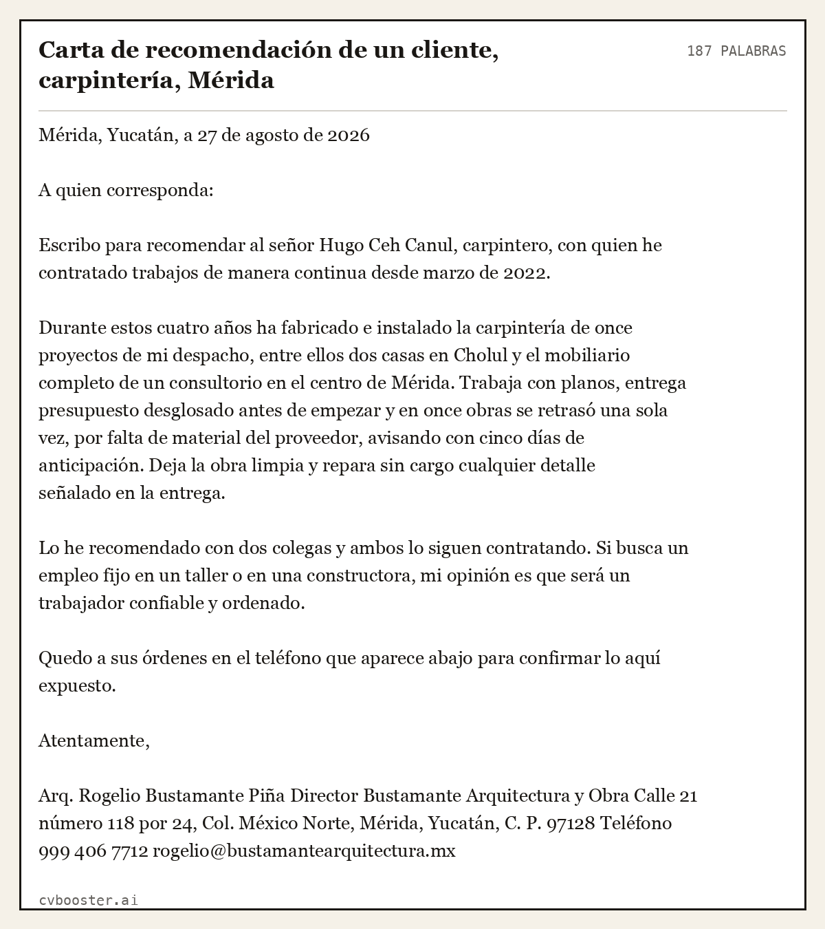 Ejemplo completo: Carta de recomendación de un cliente, carpintería, Mérida, 187 palabras