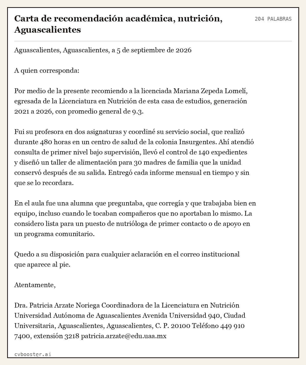 Ejemplo completo: Carta de recomendación académica, nutrición, Aguascalientes, 204 palabras