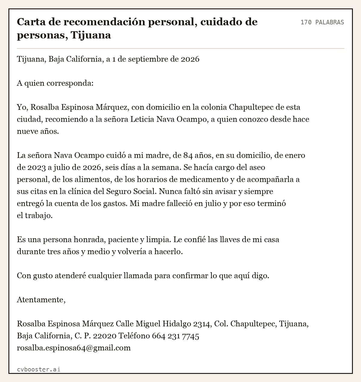Ejemplo completo: Carta de recomendación personal, cuidado de personas, Tijuana, 170 palabras