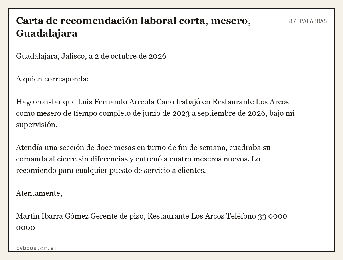 Ejemplo completo: Carta de recomendación laboral corta, mesero, Guadalajara, 87 palabras