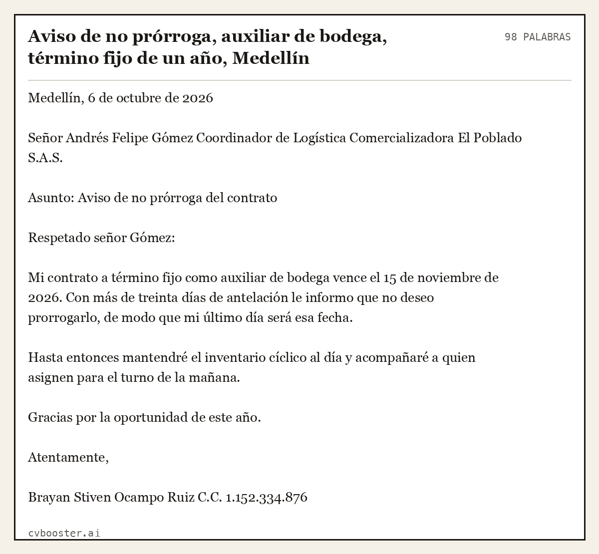 Ejemplo completo: Aviso de no prórroga, auxiliar de bodega, término fijo de un año, Medellín, 98 palabras
