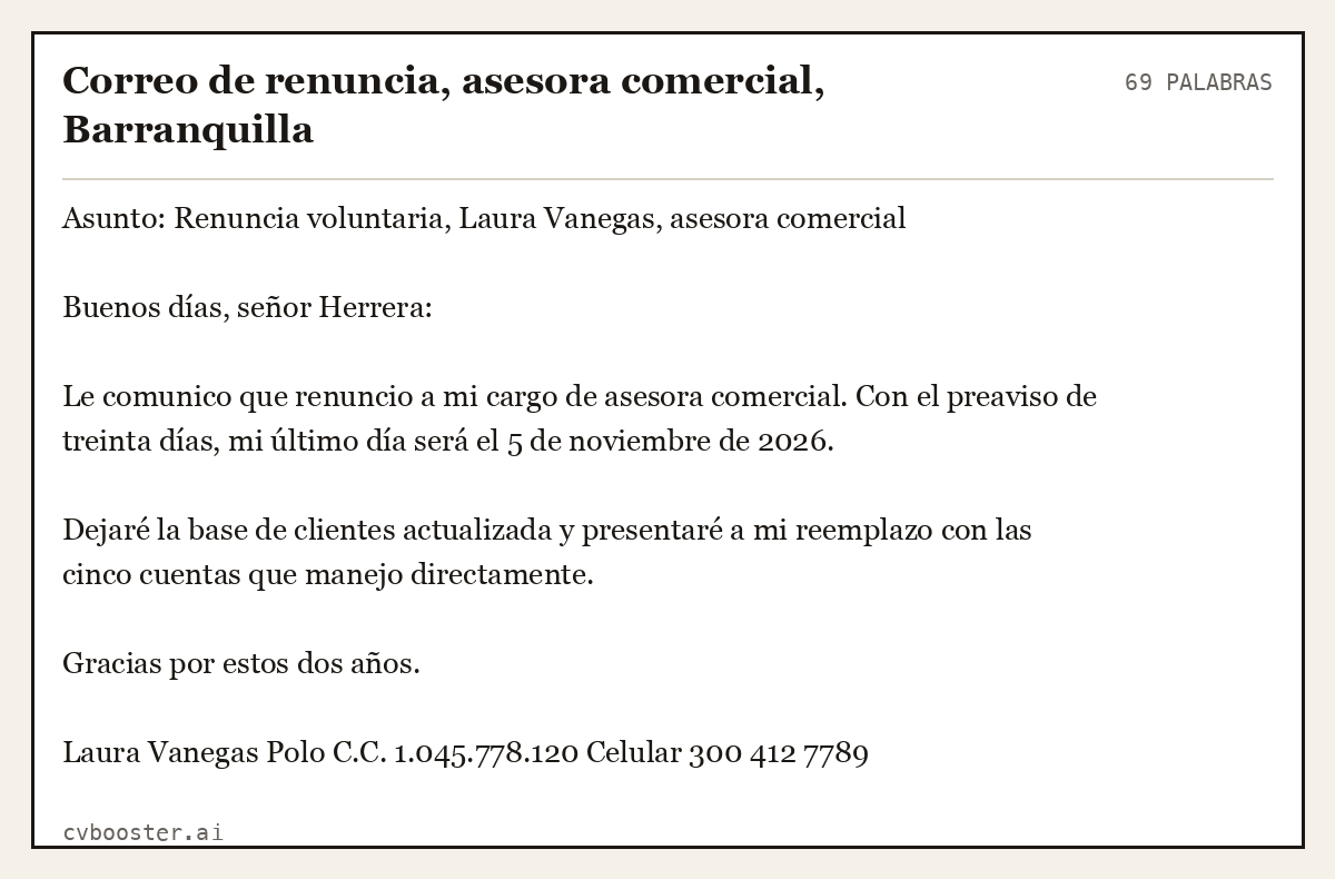 Ejemplo completo: Correo de renuncia, asesora comercial, Barranquilla, 69 palabras