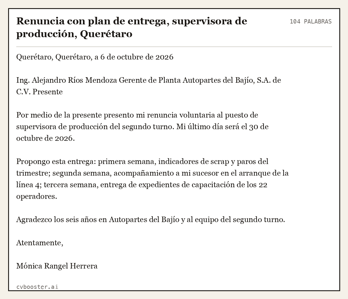 Ejemplo completo: Renuncia con plan de entrega, supervisora de producción, Querétaro, 104 palabras
