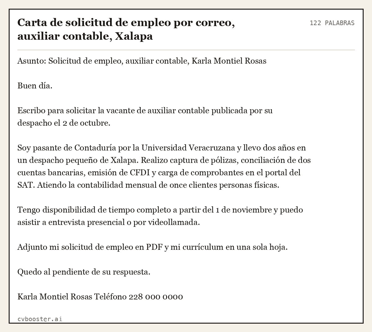 Ejemplo completo: Carta de solicitud de empleo por correo, auxiliar contable, Xalapa, 122 palabras