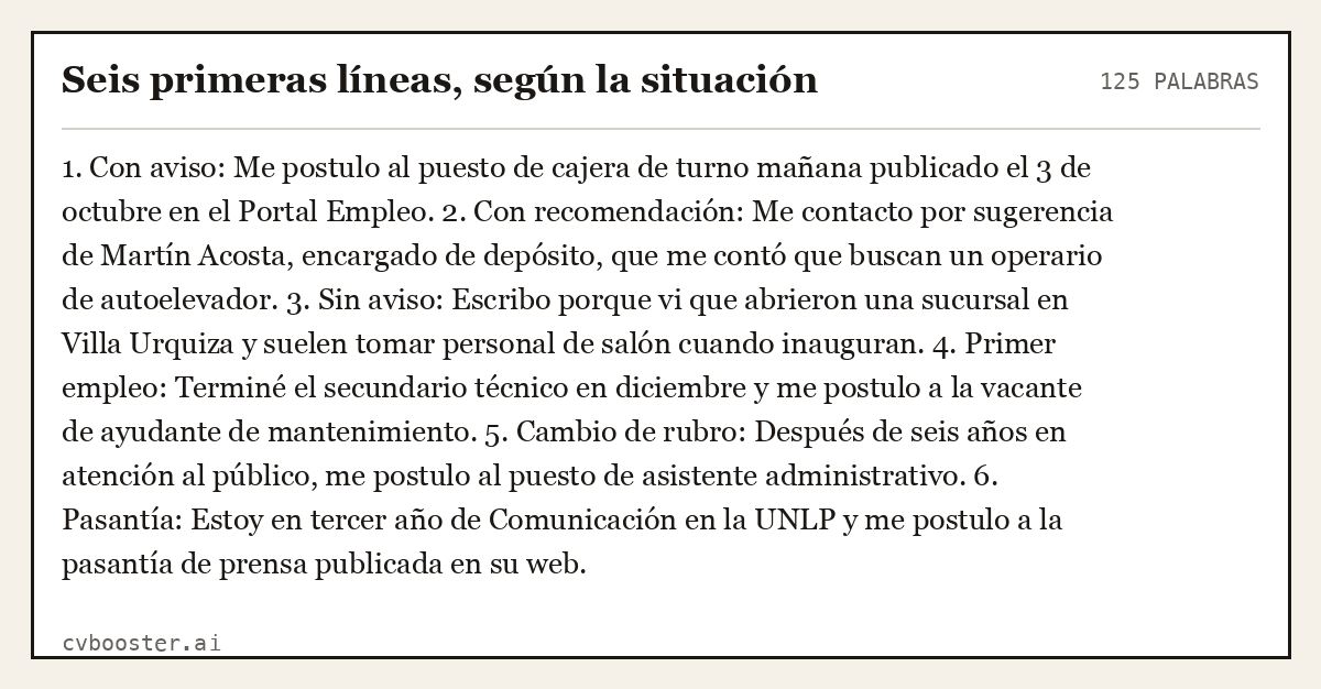 Ejemplo completo: Seis primeras líneas, según la situación, 125 palabras