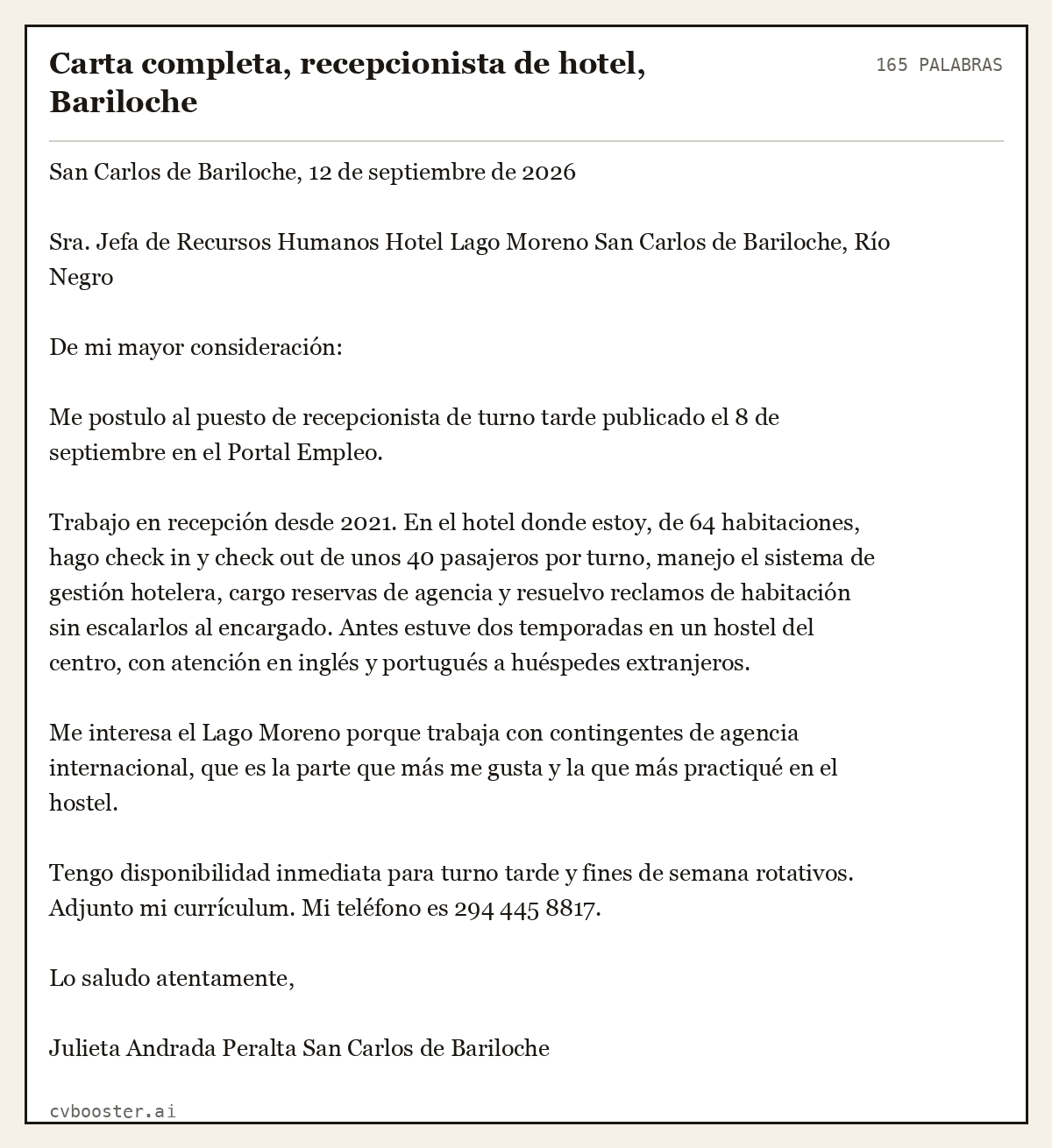 Ejemplo completo: Carta completa, recepcionista de hotel, Bariloche, 165 palabras