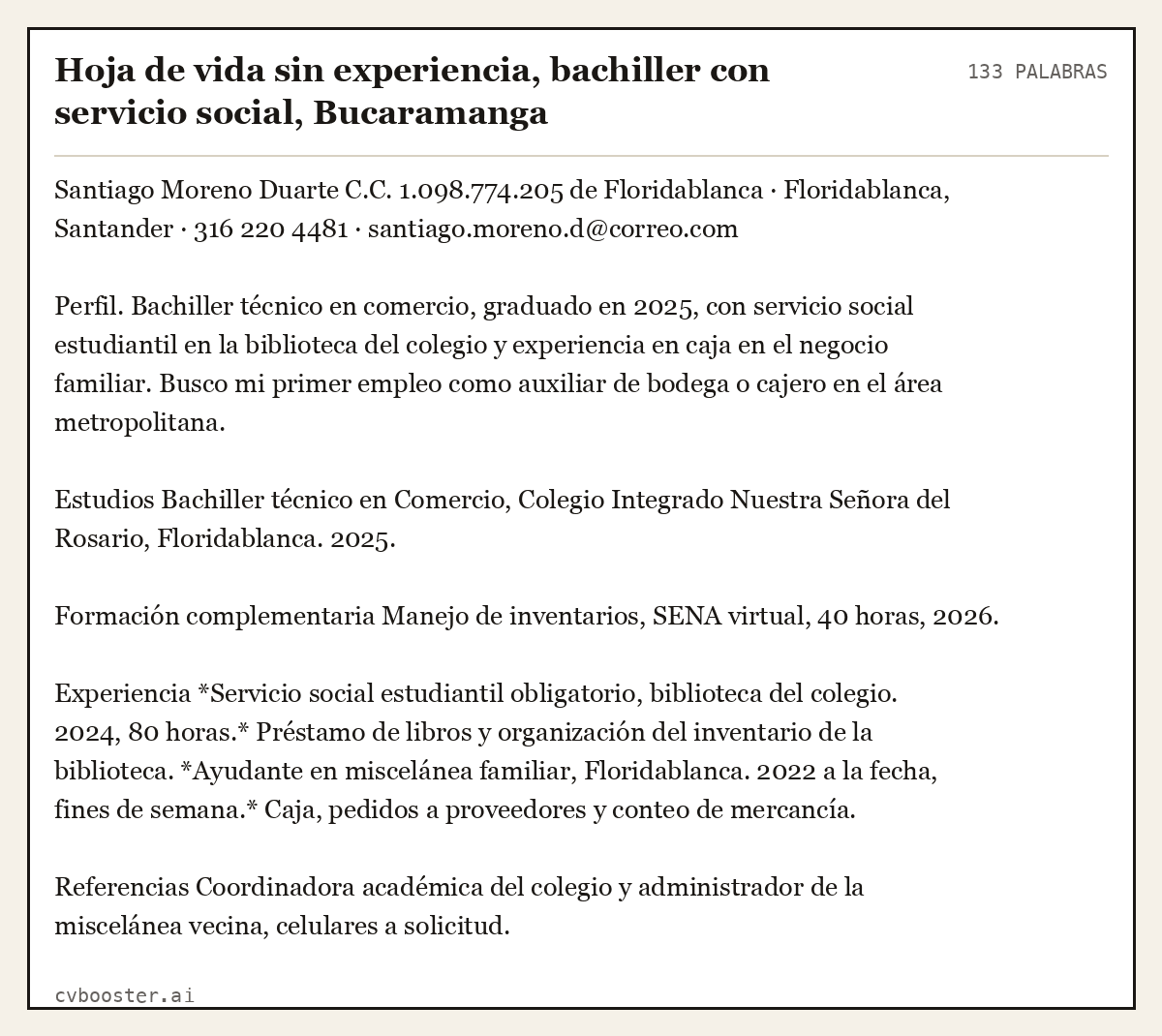 Ejemplo completo: Hoja de vida sin experiencia, bachiller con servicio social, Bucaramanga, 133 palabras
