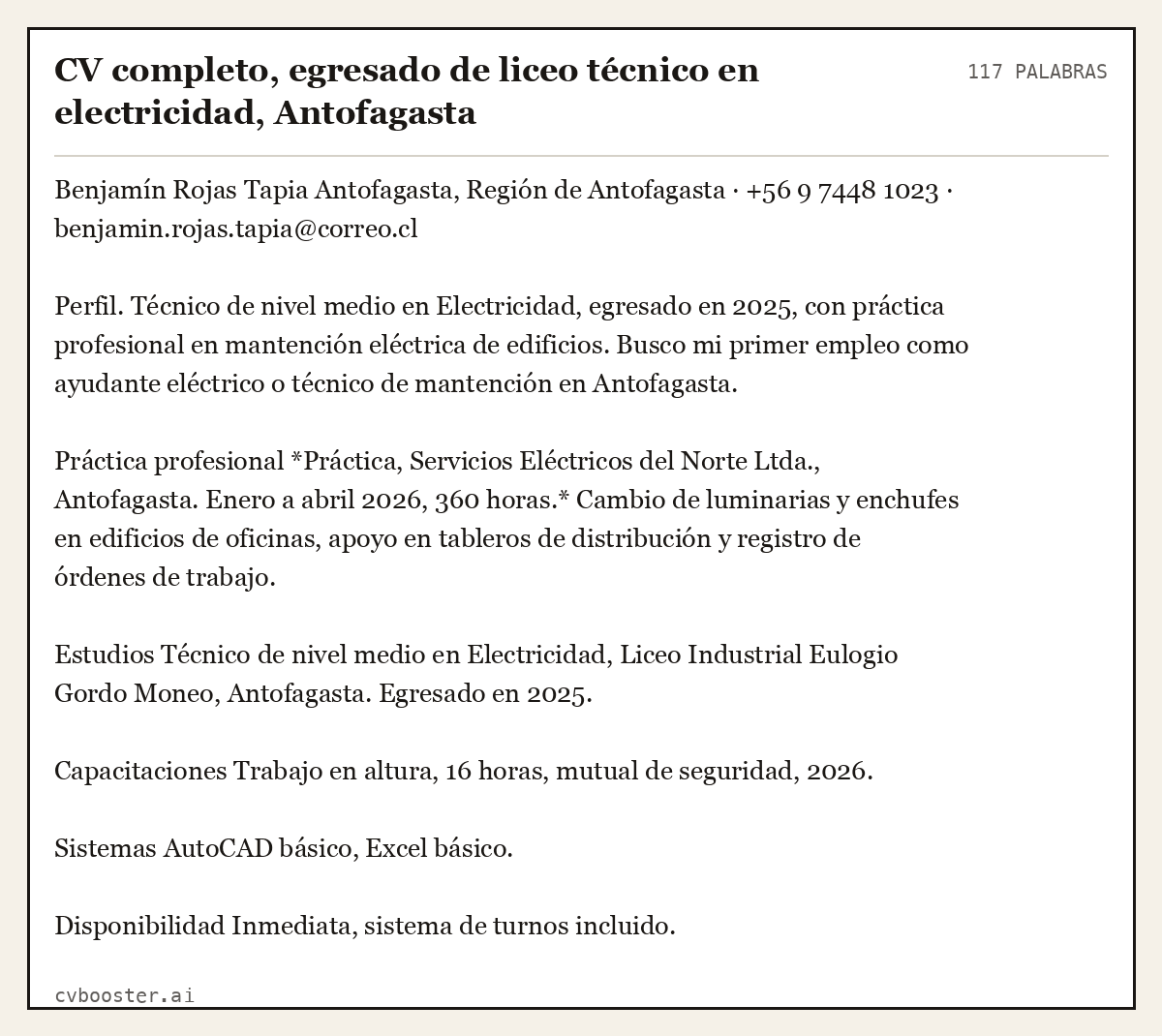 Ejemplo completo: CV completo, egresado de liceo técnico en electricidad, Antofagasta, 117 palabras
