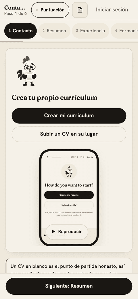 Pantalla de CVBooster en el navegador del celular: crear un currículum, paso 1 de 6, datos de contacto