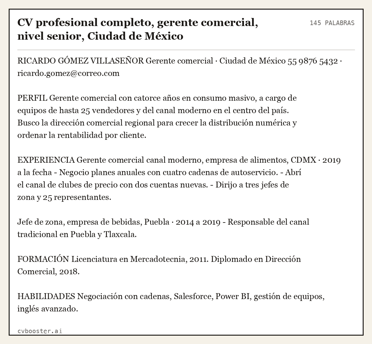 Ejemplo completo: CV profesional completo, gerente comercial, nivel senior, Ciudad de México, 145 palabras