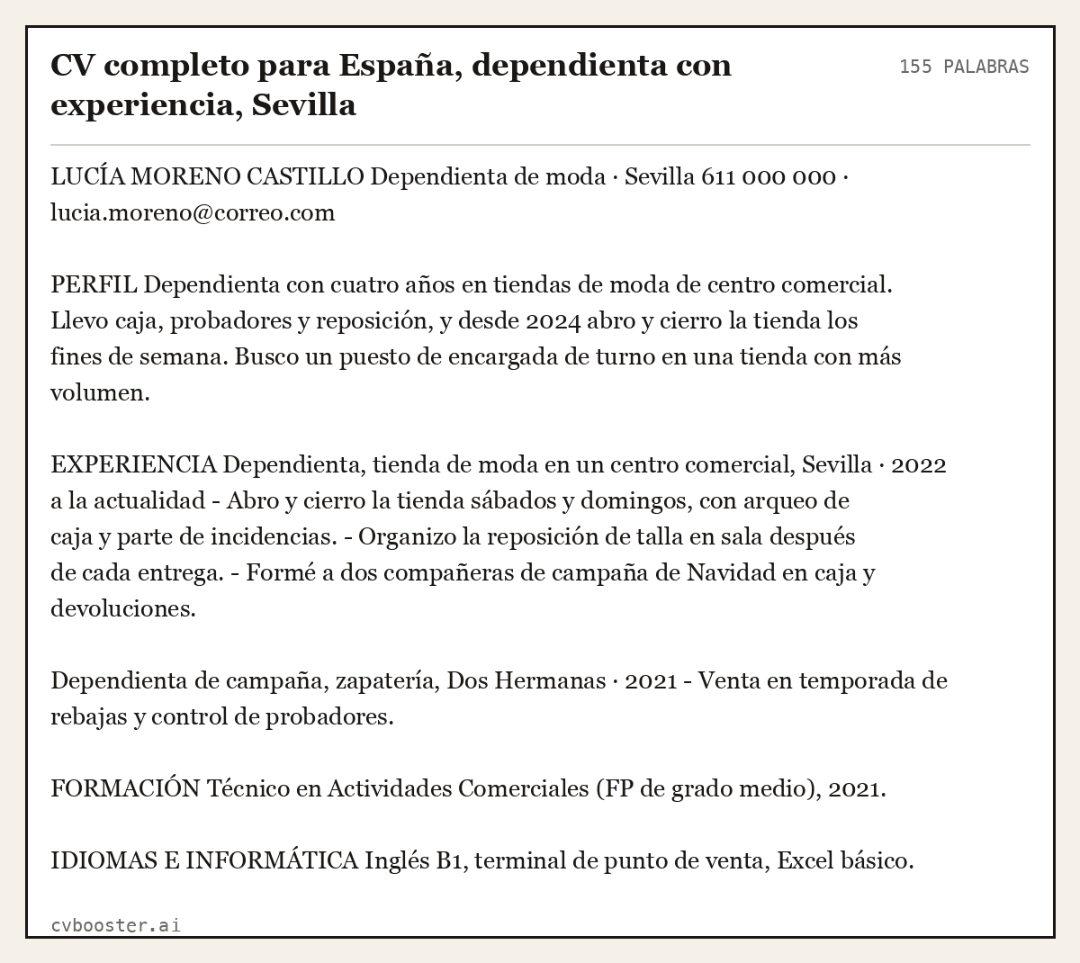 Ejemplo completo: CV completo para España, dependienta con experiencia, Sevilla, 155 palabras