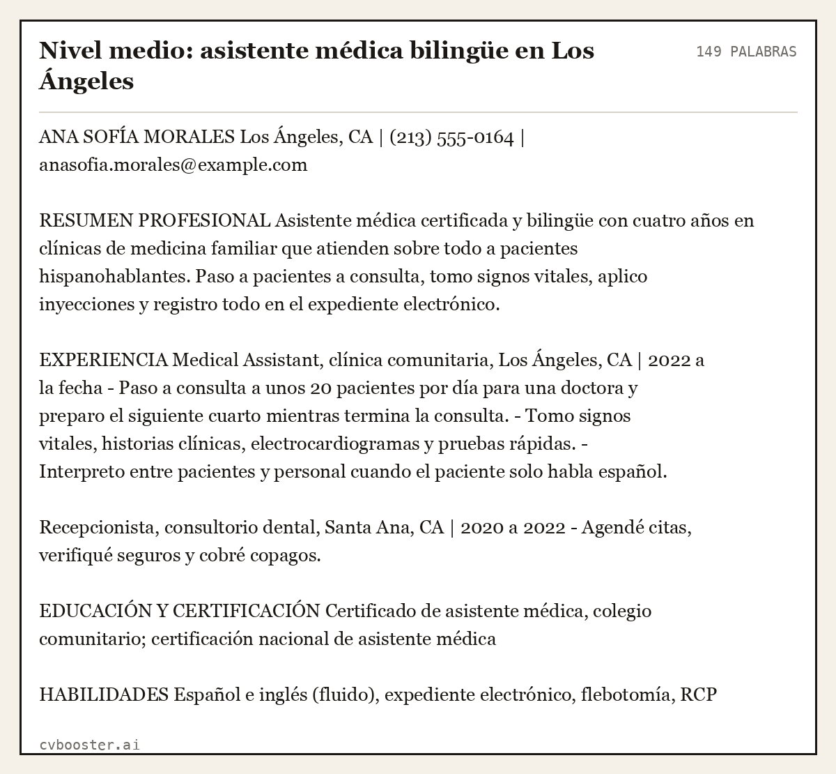 Ejemplo completo: Nivel medio: asistente médica bilingüe en Los Ángeles, 149 palabras