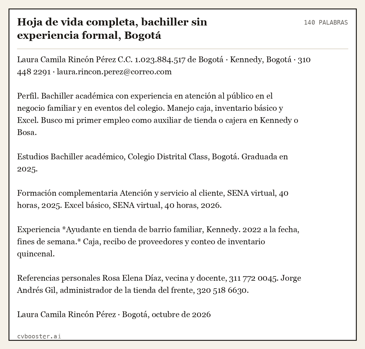 Ejemplo completo: Hoja de vida completa, bachiller sin experiencia formal, Bogotá, 140 palabras