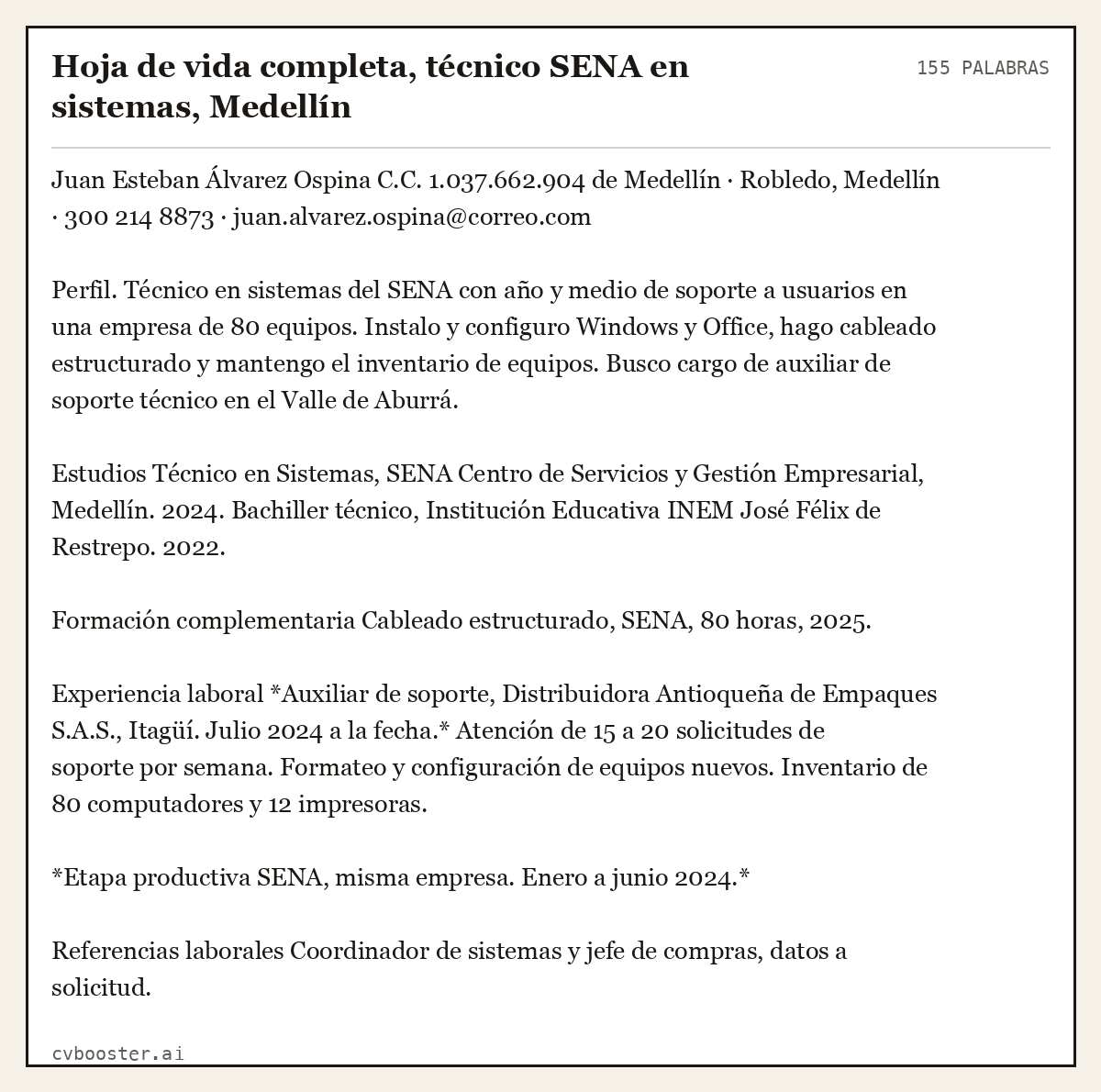 Ejemplo completo: Hoja de vida completa, técnico SENA en sistemas, Medellín, 155 palabras