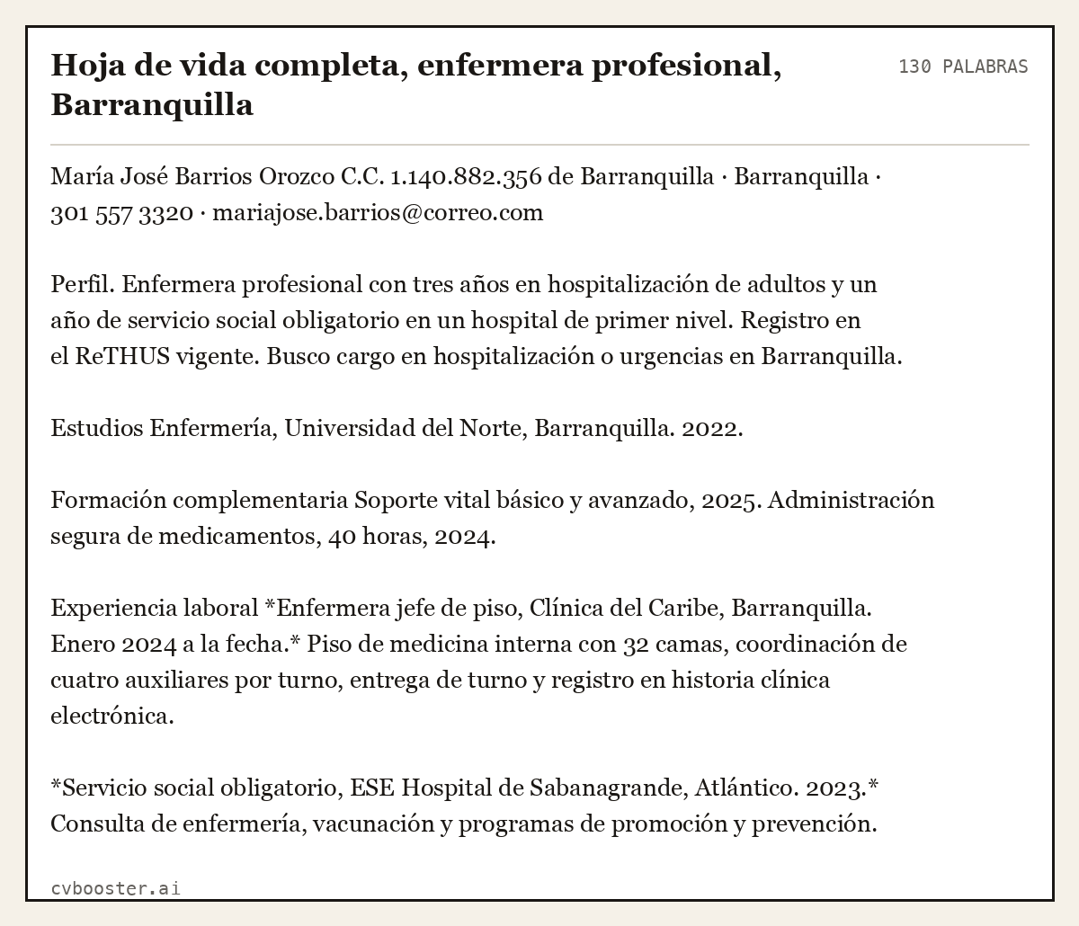 Ejemplo completo: Hoja de vida completa, enfermera profesional, Barranquilla, 130 palabras