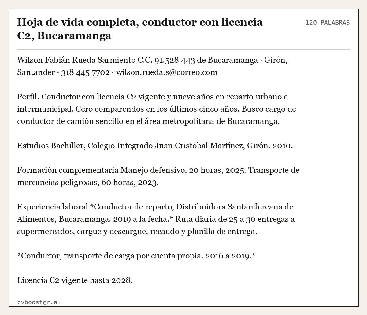 Ejemplo completo: Hoja de vida completa, conductor con licencia C2, Bucaramanga, 120 palabras