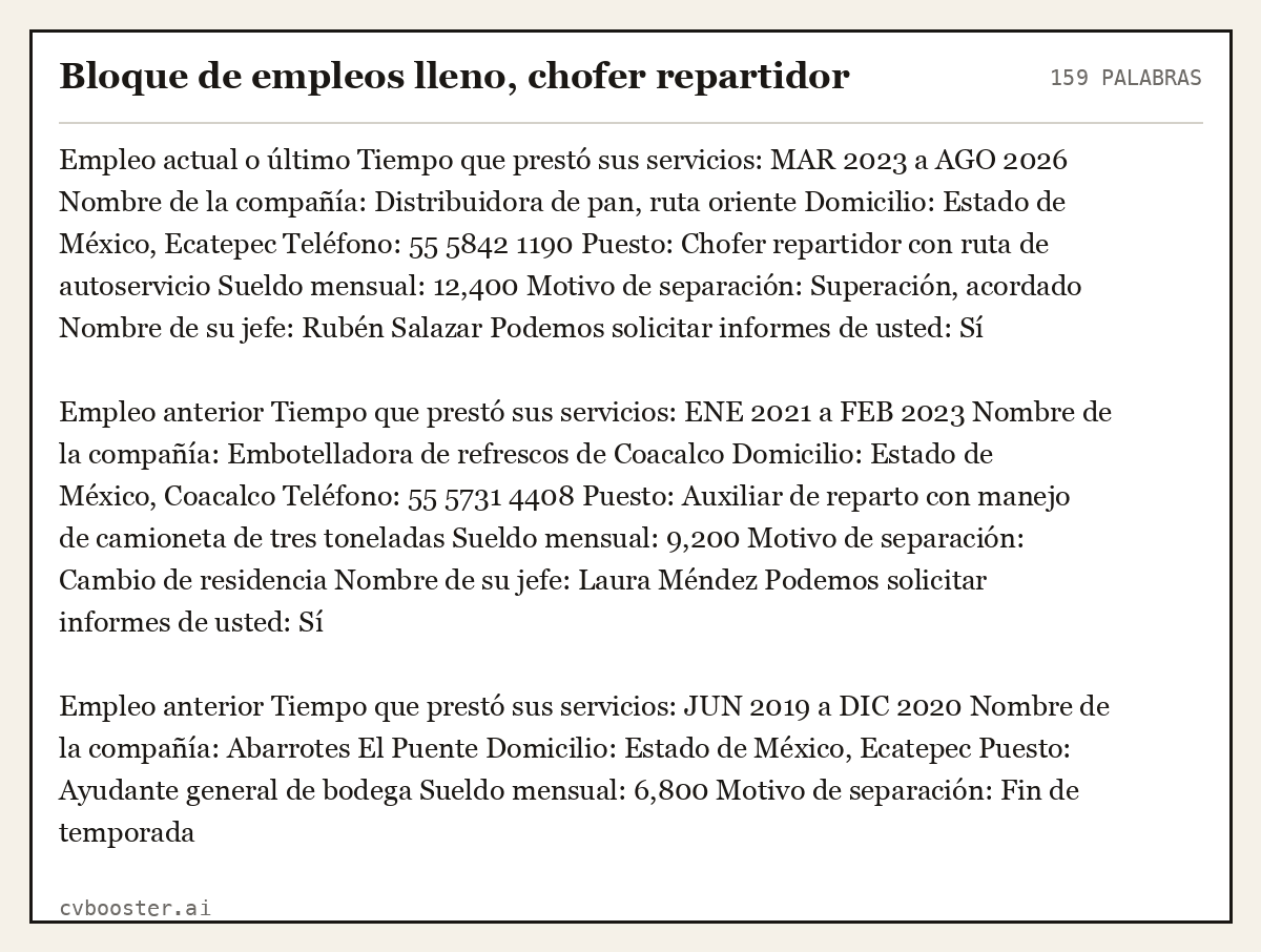 Ejemplo completo: Bloque de empleos lleno, chofer repartidor, 159 palabras