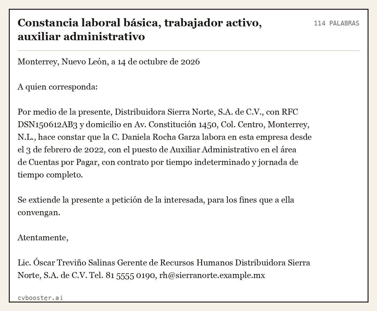 Ejemplo completo: Constancia laboral básica, trabajador activo, auxiliar administrativo, 114 palabras