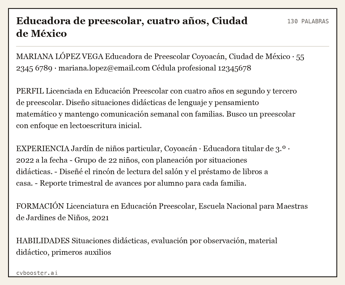 Ejemplo completo: Educadora de preescolar, cuatro años, Ciudad de México, 130 palabras