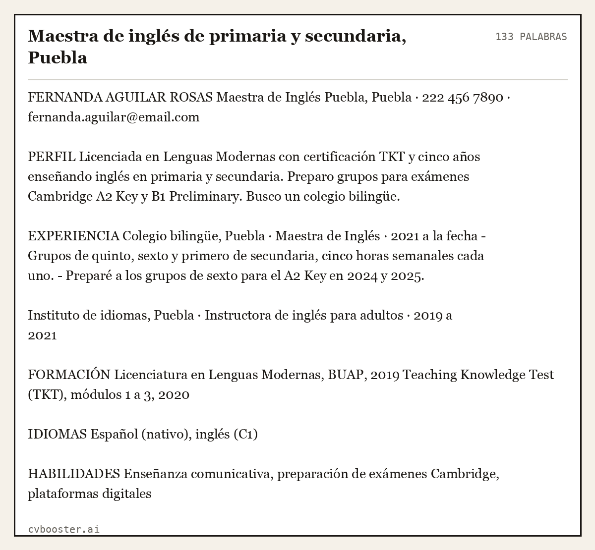 Ejemplo completo: Maestra de inglés de primaria y secundaria, Puebla, 133 palabras