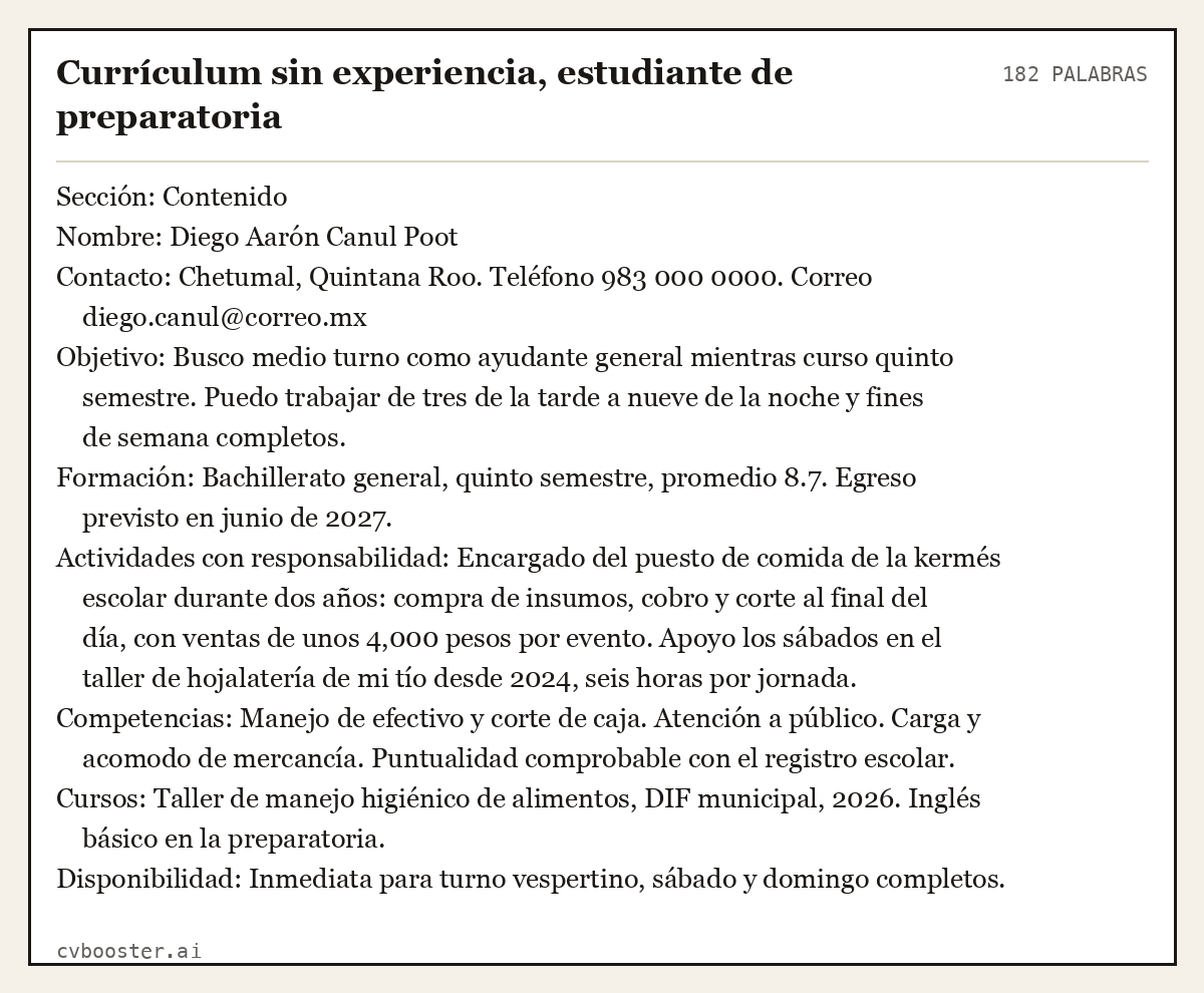 Ejemplo completo: Currículum sin experiencia, estudiante de preparatoria, 182 palabras