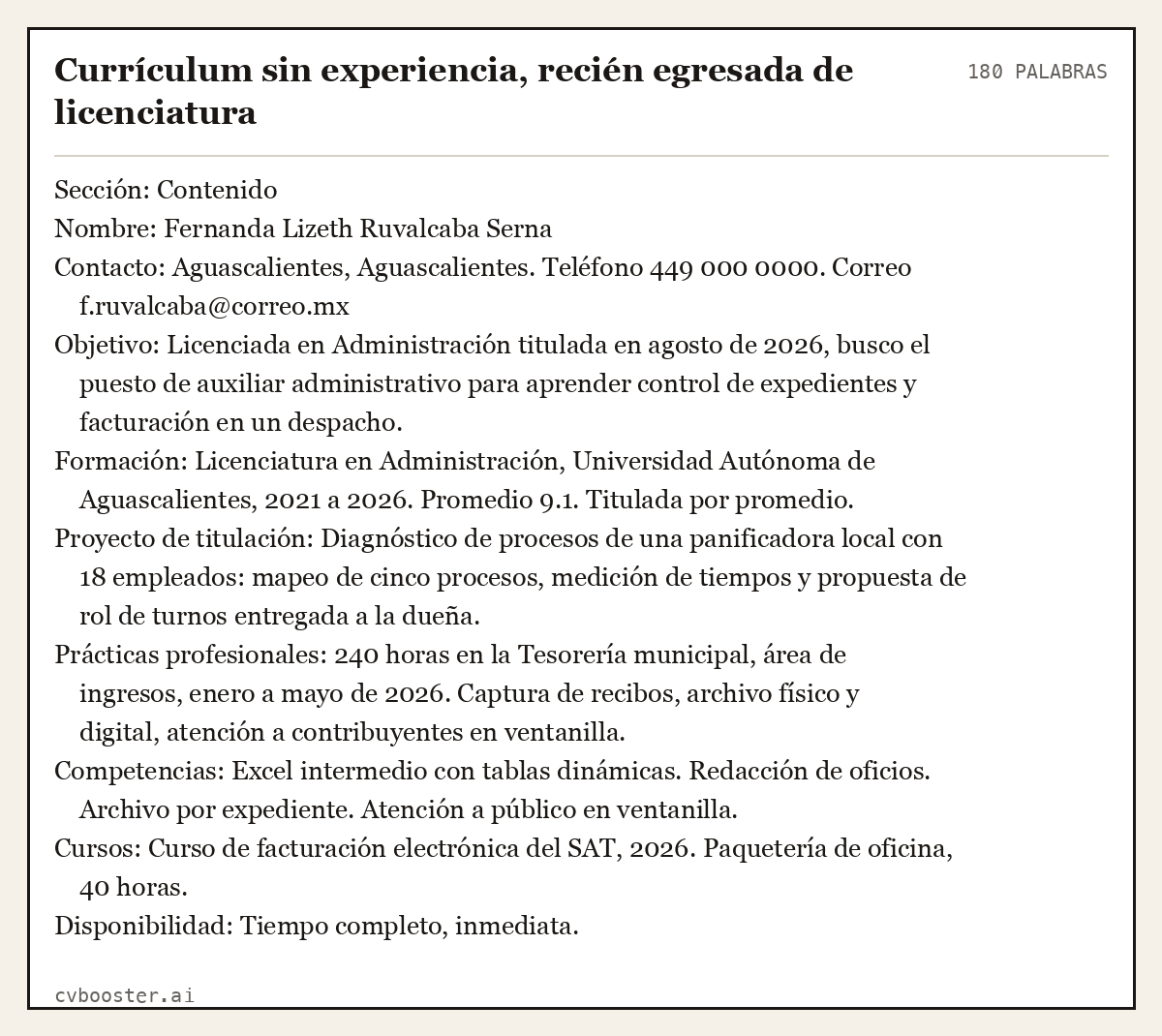 Ejemplo completo: Currículum sin experiencia, recién egresada de licenciatura, 180 palabras