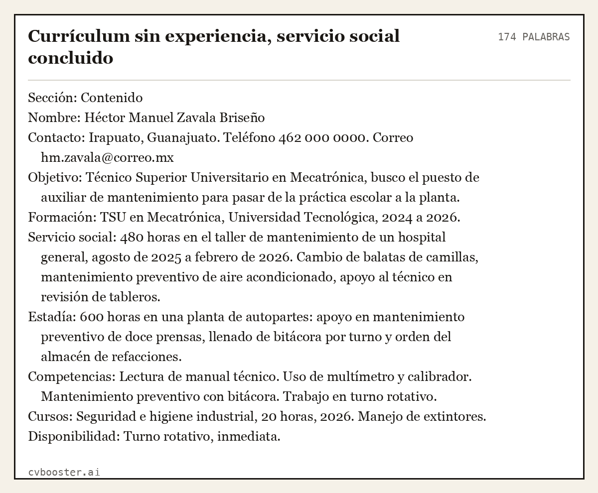 Ejemplo completo: Currículum sin experiencia, servicio social concluido, 174 palabras