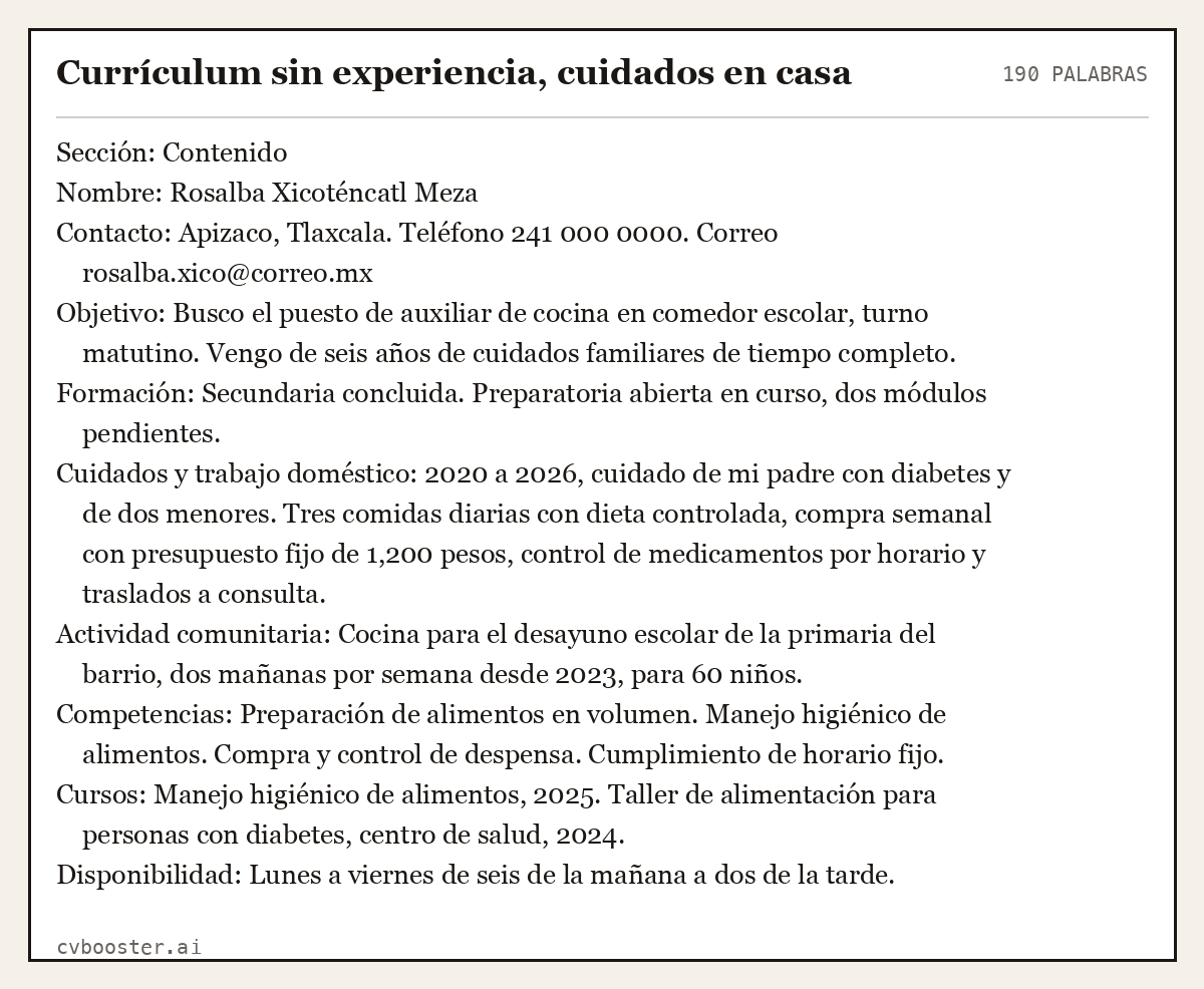 Ejemplo completo: Currículum sin experiencia, cuidados en casa, 190 palabras