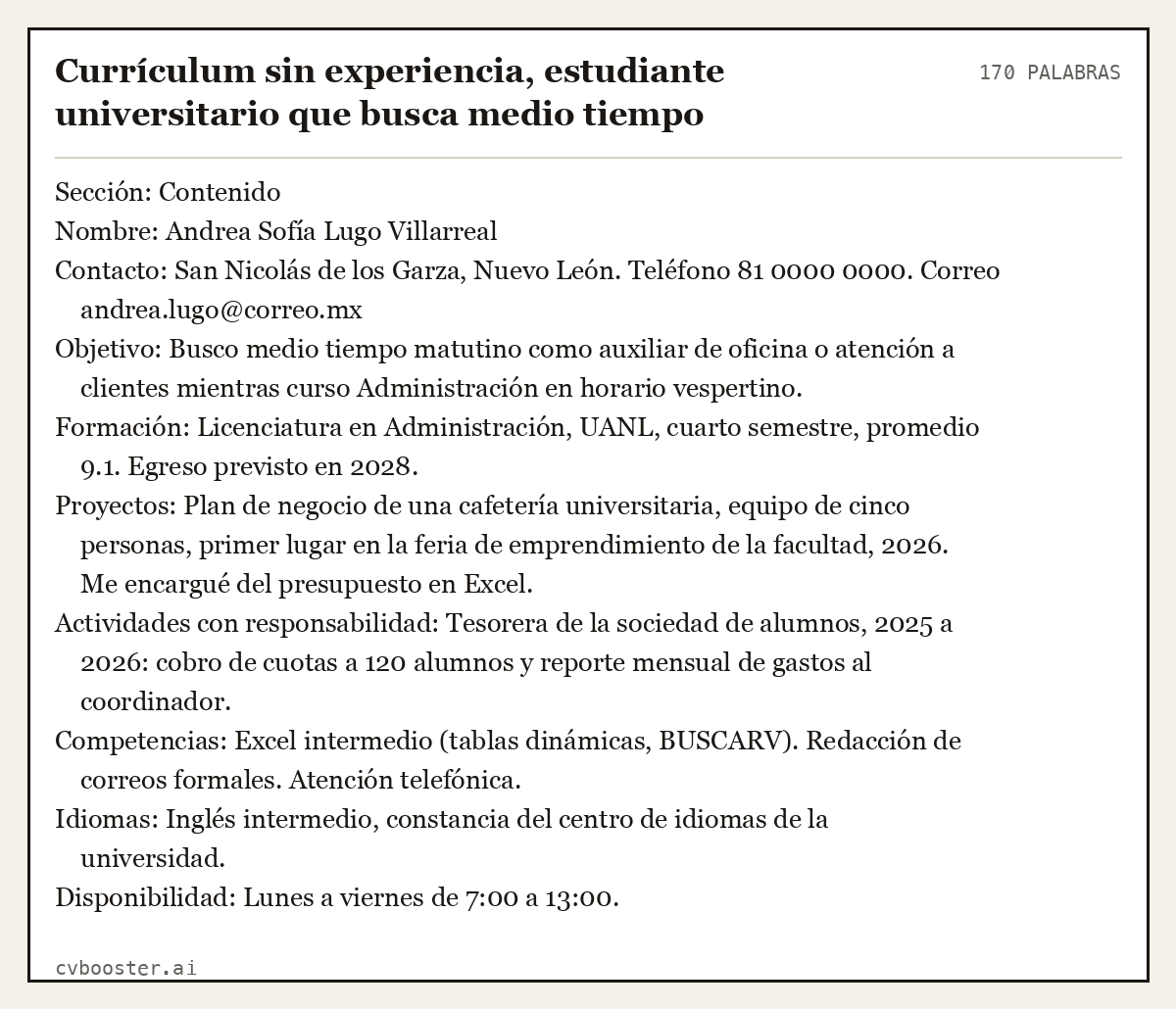 Ejemplo completo: Currículum sin experiencia, estudiante universitario que busca medio tiempo, 170 palabras