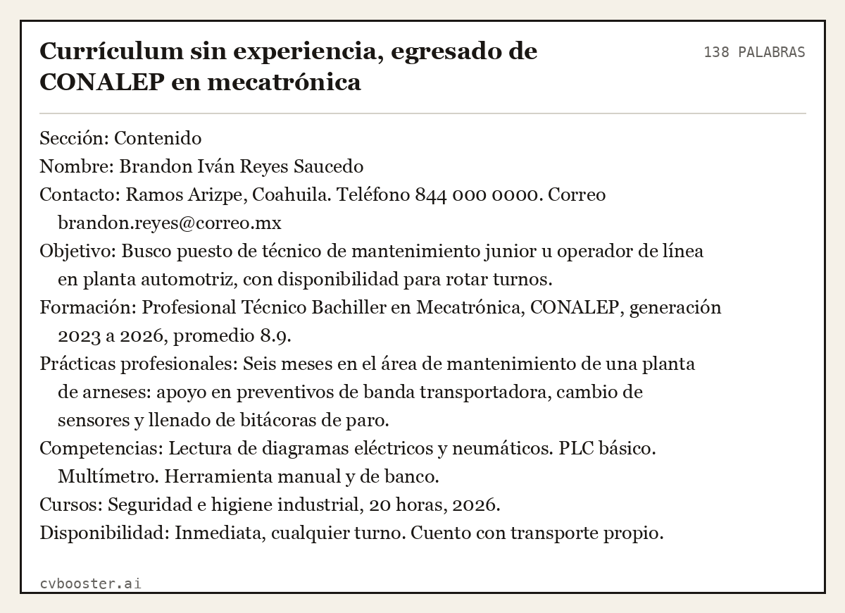 Ejemplo completo: Currículum sin experiencia, egresado de CONALEP en mecatrónica, 138 palabras