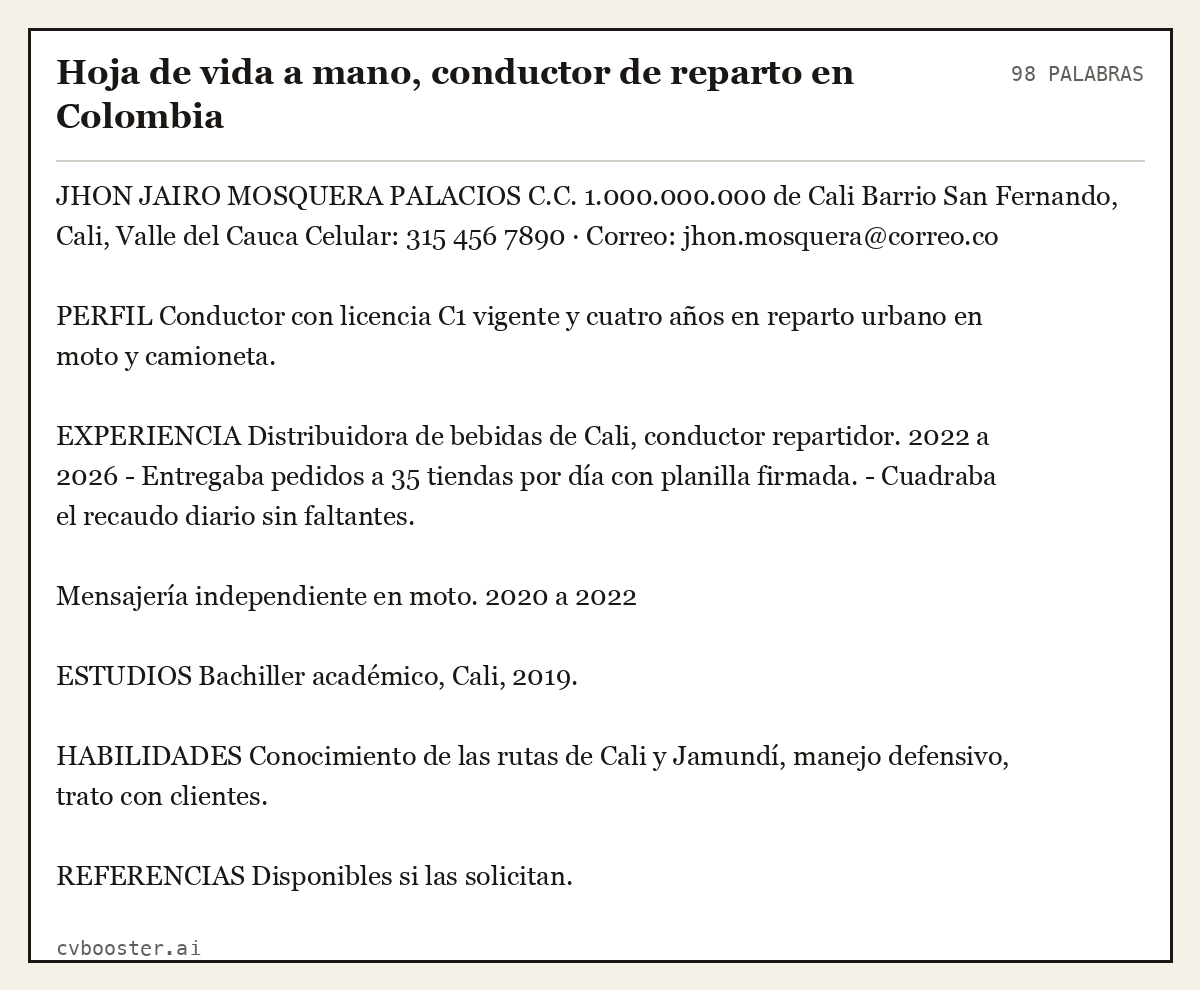 Ejemplo completo: Hoja de vida a mano, conductor de reparto en Colombia, 98 palabras