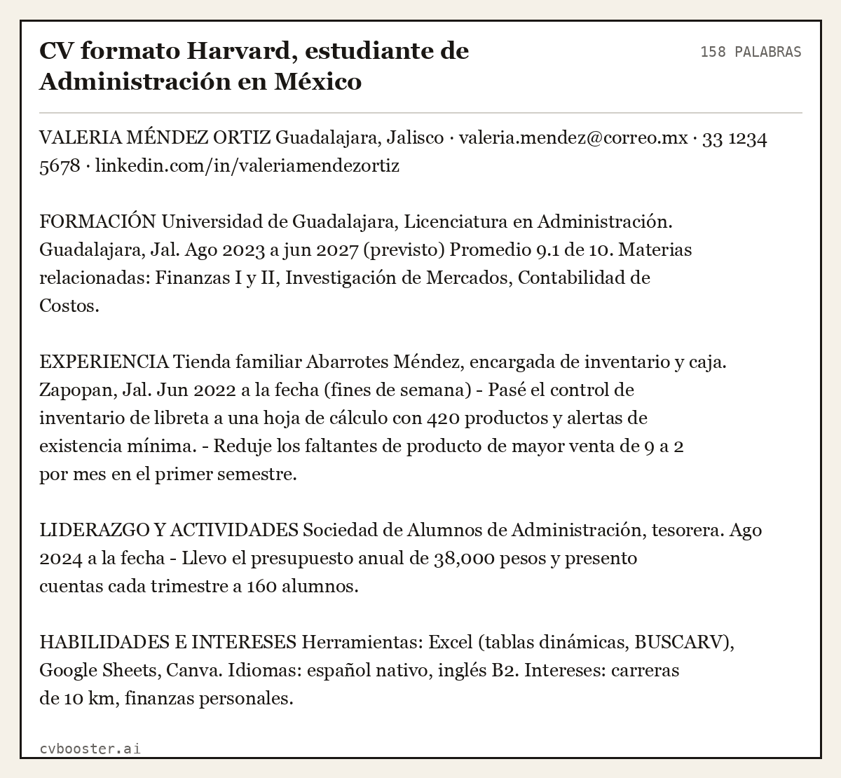Ejemplo completo: CV formato Harvard, estudiante de Administración en México, 158 palabras