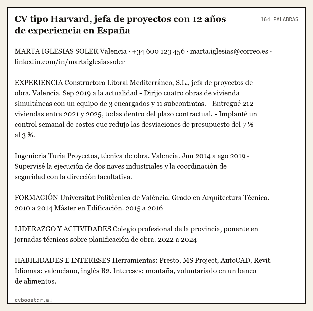 Ejemplo completo: CV tipo Harvard, jefa de proyectos con 12 años de experiencia en España, 164 palabras