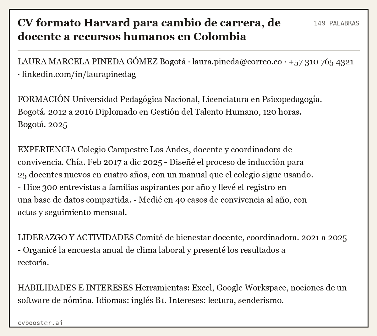 Ejemplo completo: CV formato Harvard para cambio de carrera, de docente a recursos humanos en Colombia, 149 palabras