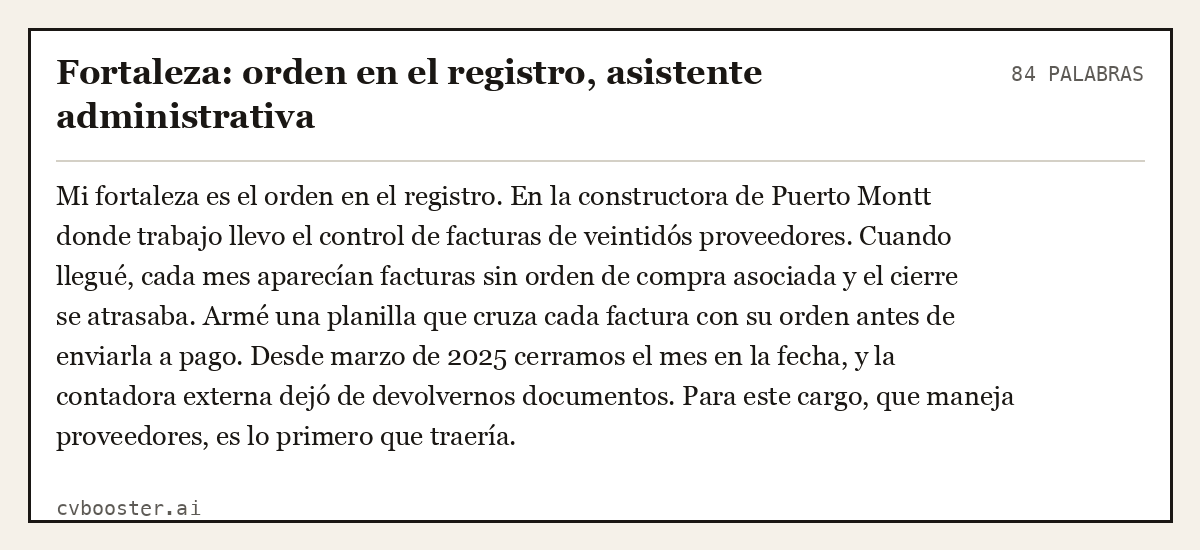 Ejemplo completo: Fortaleza: orden en el registro, asistente administrativa, 84 palabras
