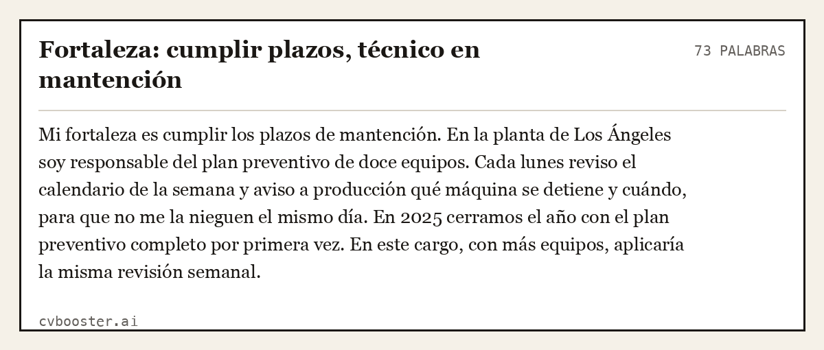 Ejemplo completo: Fortaleza: cumplir plazos, técnico en mantención, 73 palabras