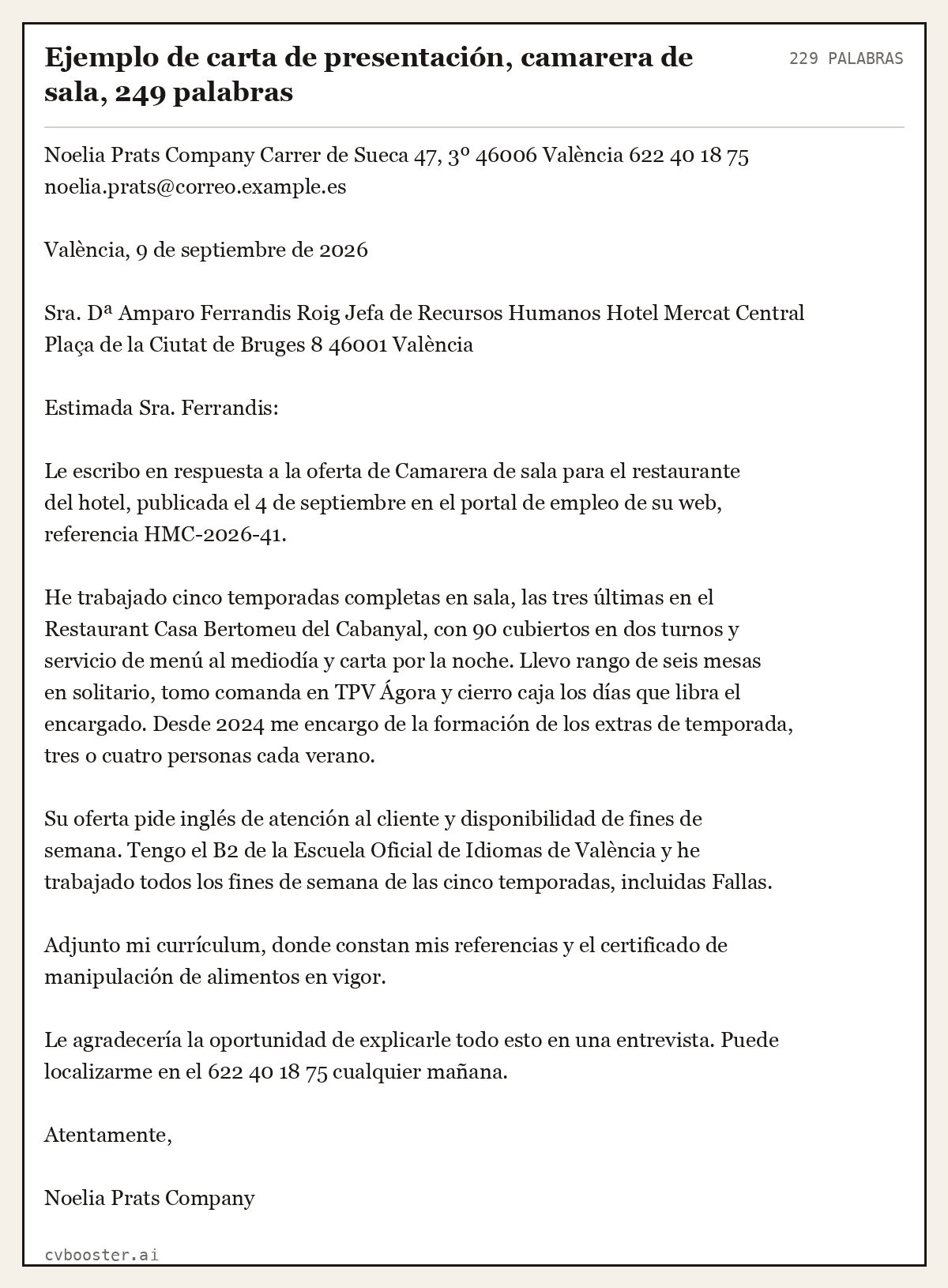 Ejemplo completo: Ejemplo de carta de presentación, camarera de sala, 249 palabras, 229 palabras