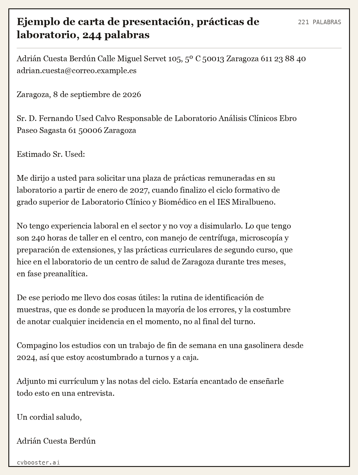 Ejemplo completo: Ejemplo de carta de presentación, prácticas de laboratorio, 244 palabras, 221 palabras