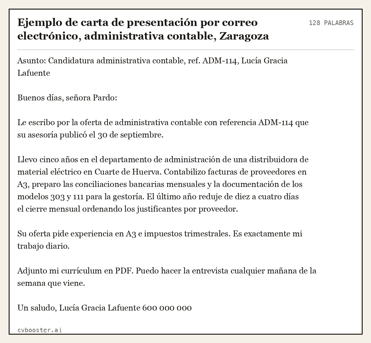 Ejemplo completo: Ejemplo de carta de presentación por correo electrónico, administrativa contable, Zaragoza, 128 palabras