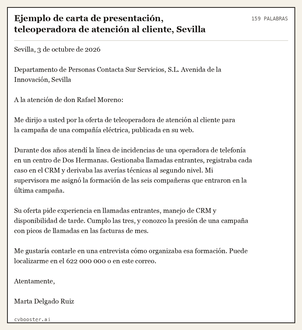 Ejemplo completo: Ejemplo de carta de presentación, teleoperadora de atención al cliente, Sevilla, 159 palabras