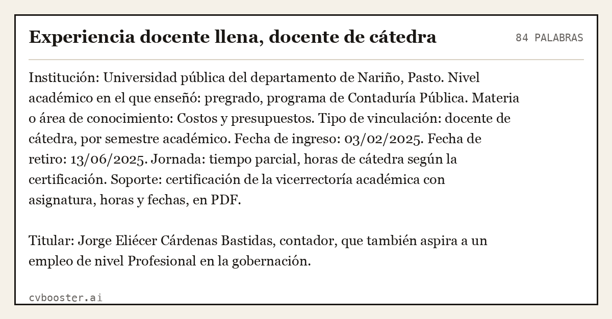 Ejemplo completo: Experiencia docente llena, docente de cátedra, 84 palabras