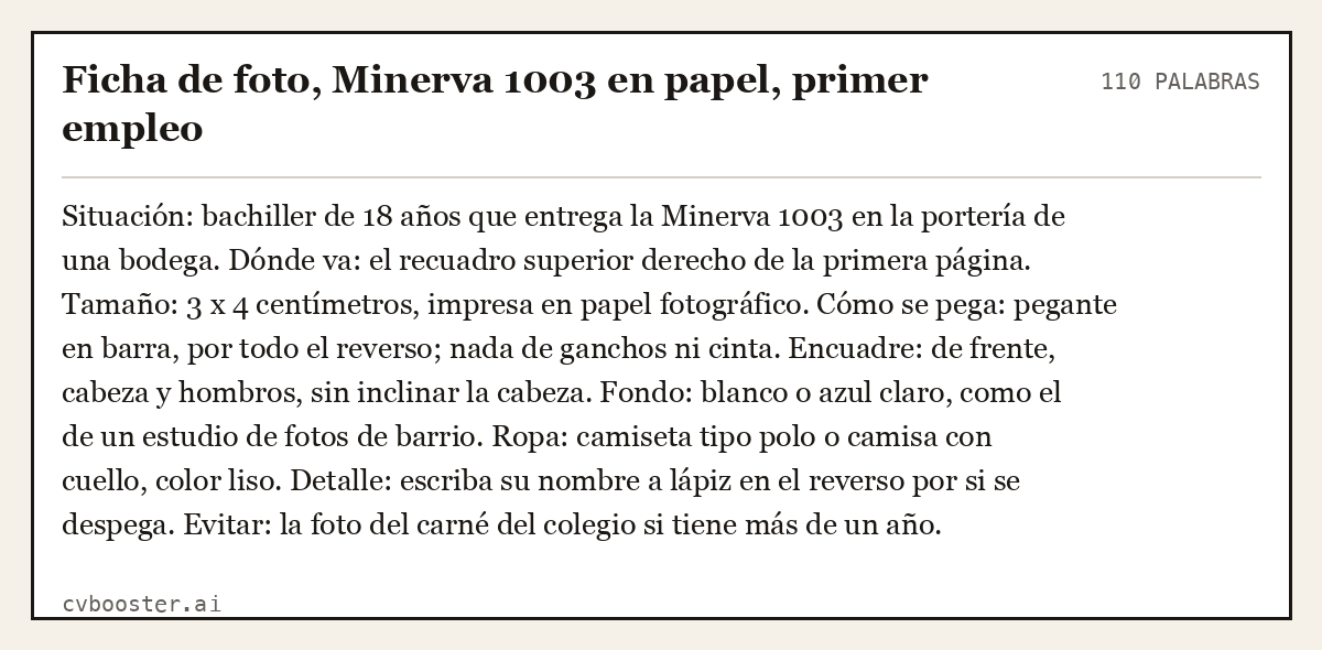 Ejemplo completo: Ficha de foto, Minerva 1003 en papel, primer empleo, 110 palabras