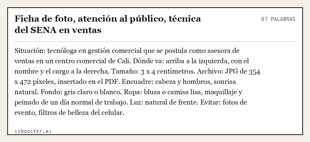 Ejemplo completo: Ficha de foto, atención al público, técnica del SENA en ventas, 87 palabras