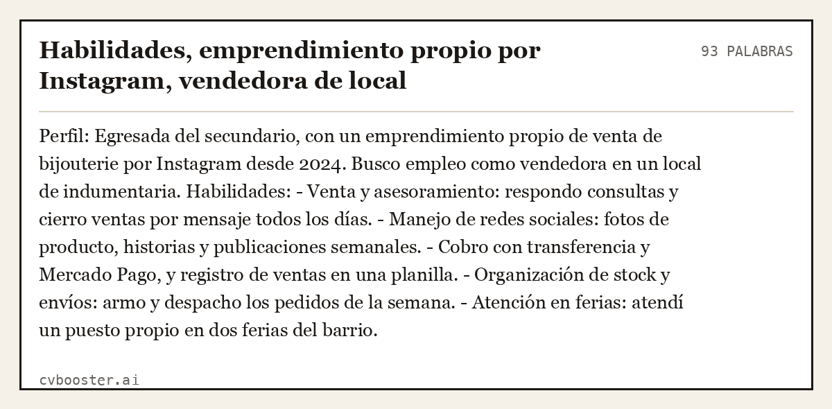 Ejemplo completo: Habilidades, emprendimiento propio por Instagram, vendedora de local, 93 palabras