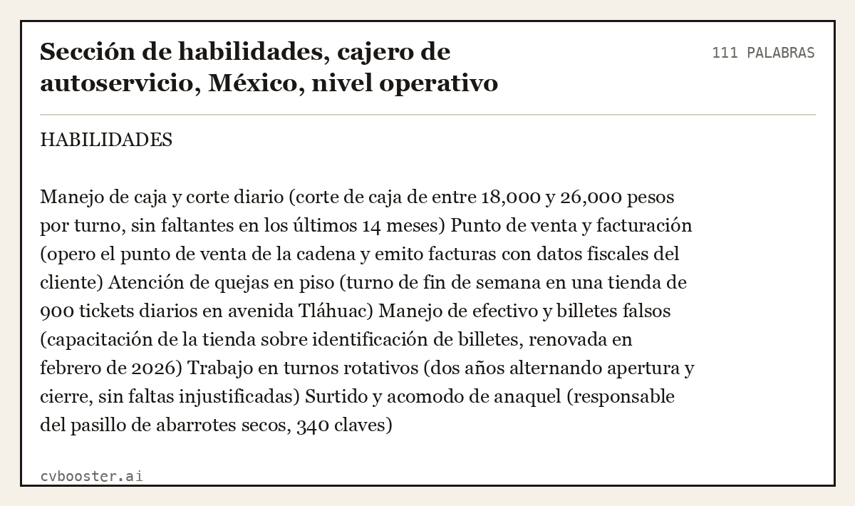 Ejemplo completo: Sección de habilidades, cajero de autoservicio, México, nivel operativo, 111 palabras