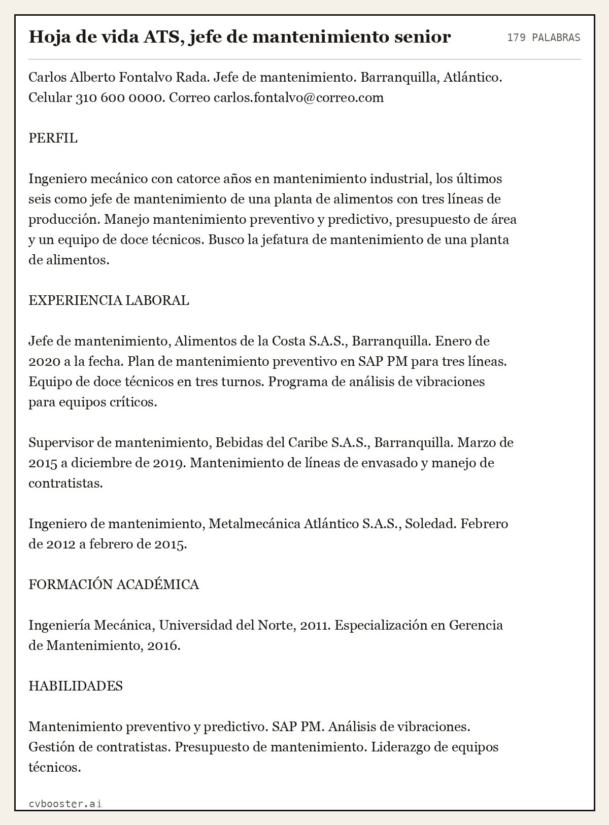 Ejemplo completo: Hoja de vida ATS, jefe de mantenimiento senior, 179 palabras