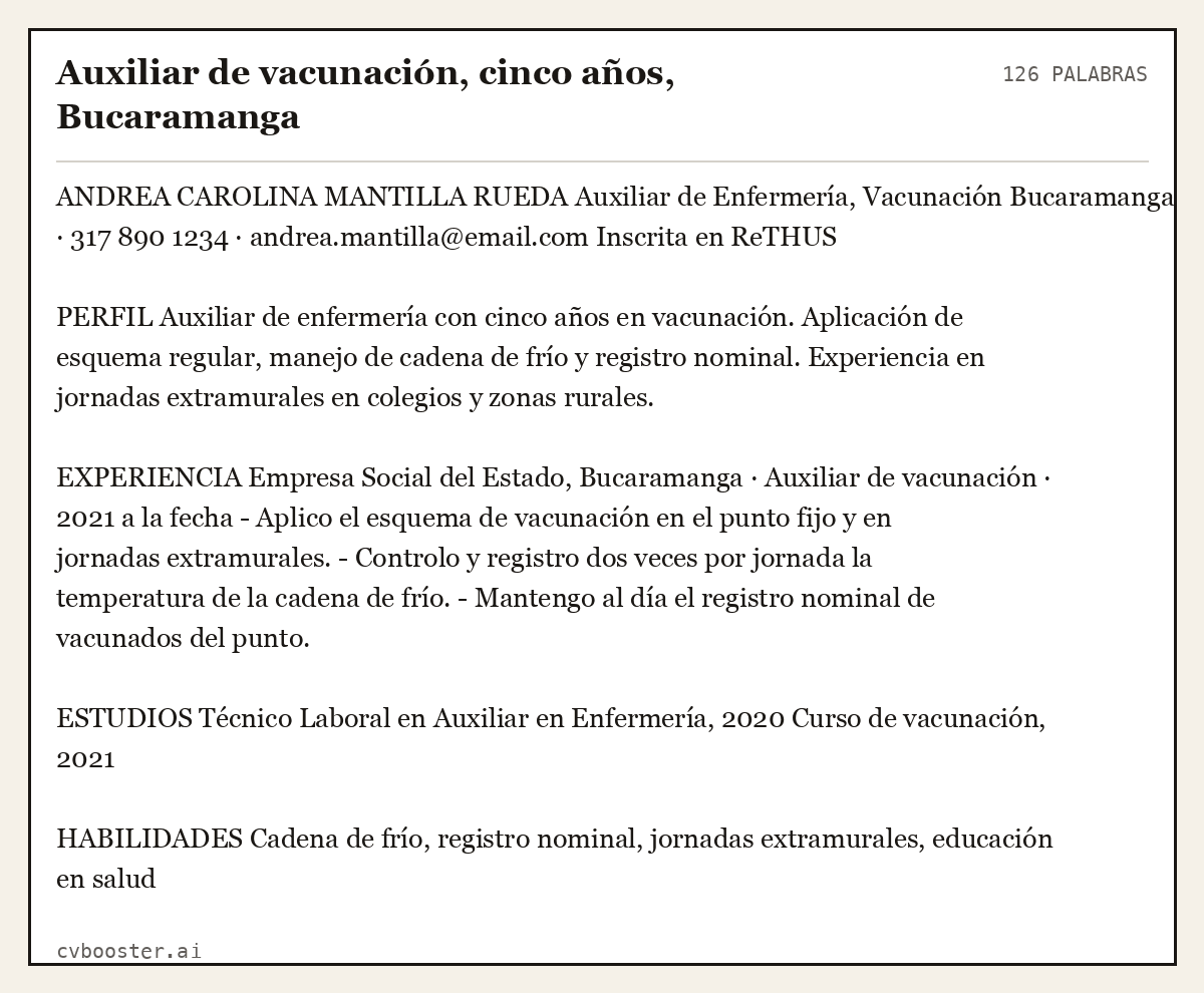 Ejemplo completo: Auxiliar de vacunación, cinco años, Bucaramanga, 126 palabras