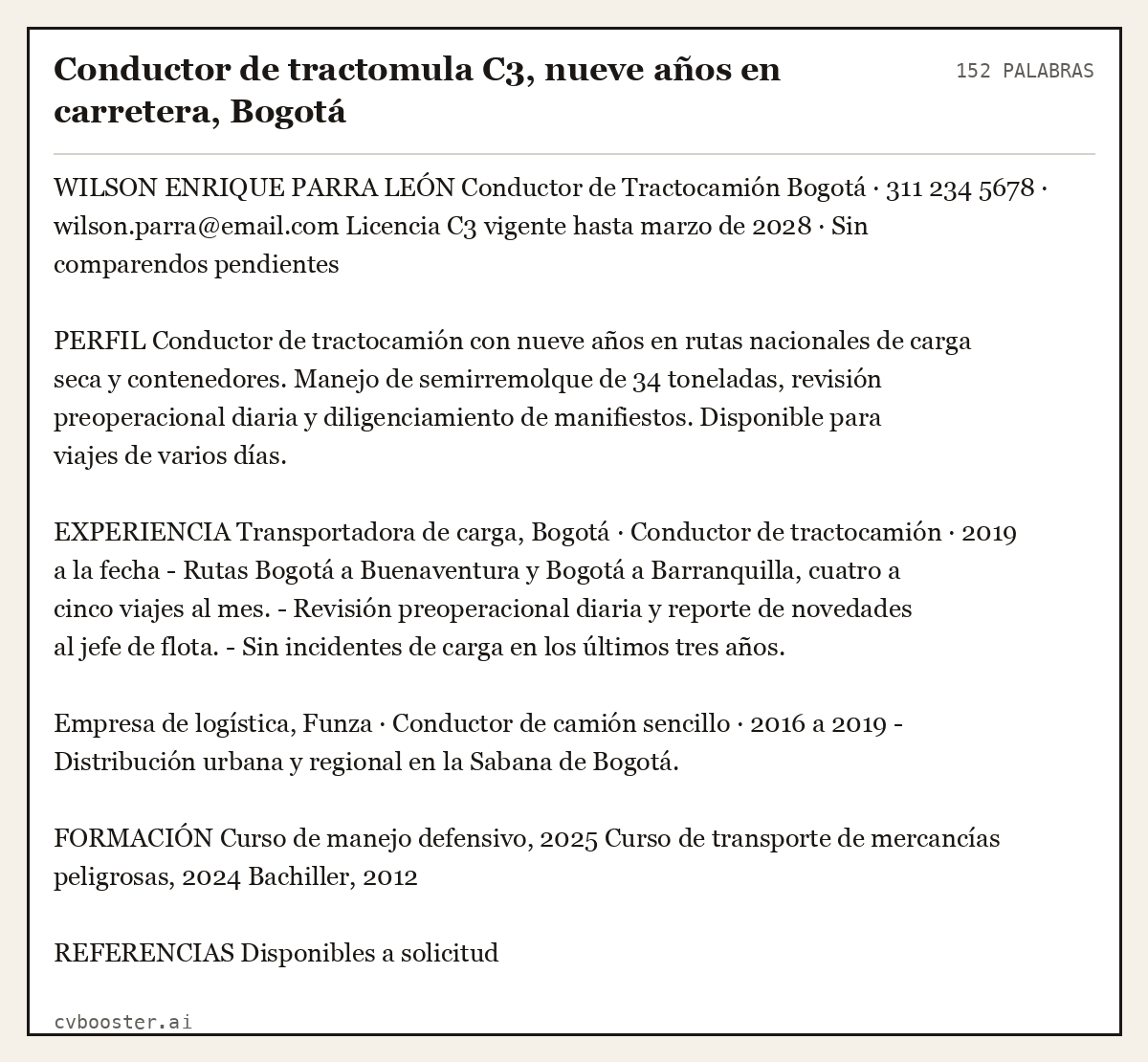 Ejemplo completo: Conductor de tractomula C3, nueve años en carretera, Bogotá, 152 palabras