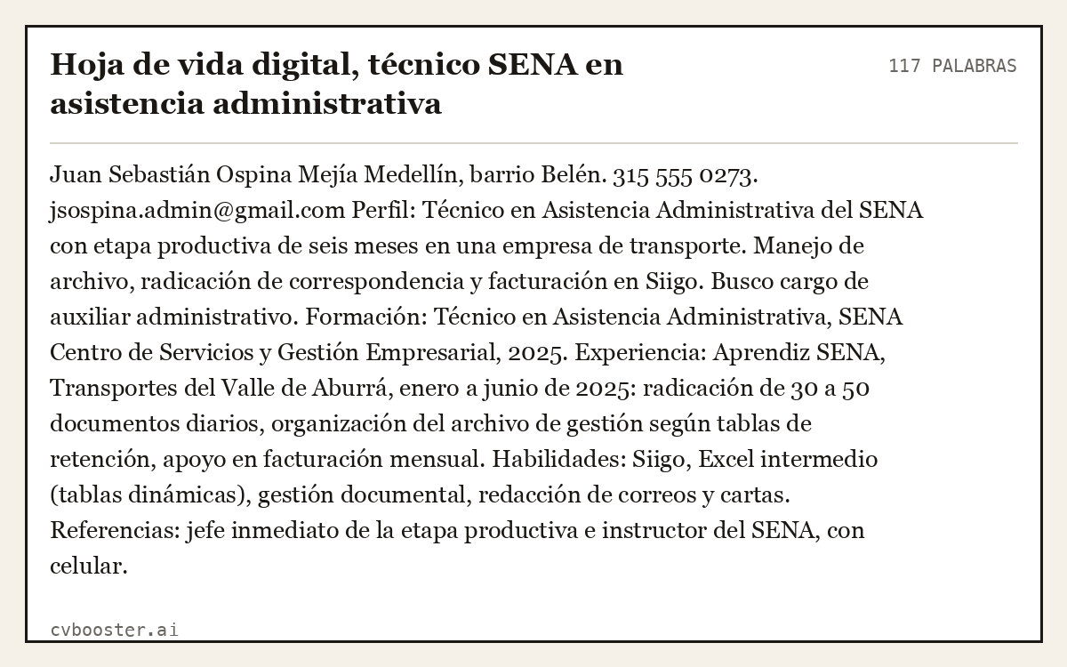 Ejemplo completo: Hoja de vida digital, técnico SENA en asistencia administrativa, 117 palabras