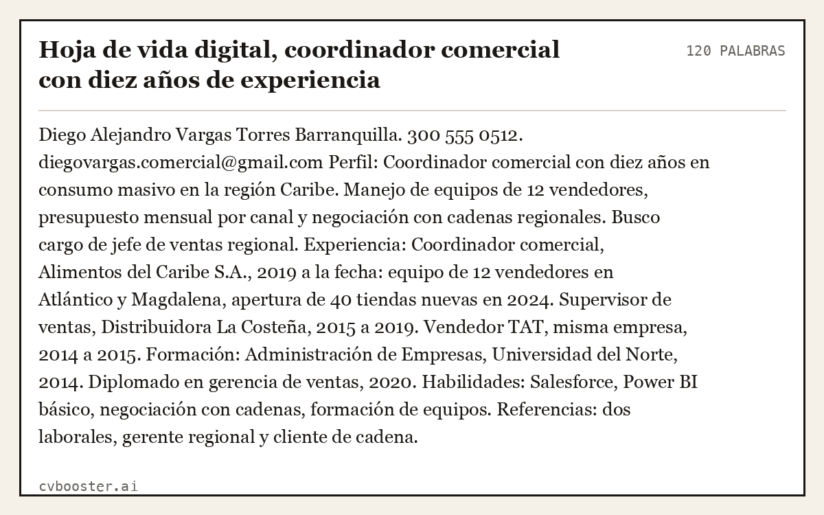 Ejemplo completo: Hoja de vida digital, coordinador comercial con diez años de experiencia, 120 palabras
